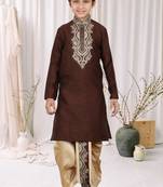 Wine Art Silk Embroidery Kids Boys Dhoti Kurta