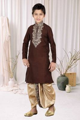 Wine Art Silk Embroidery Kids Boys Dhoti Kurta 2