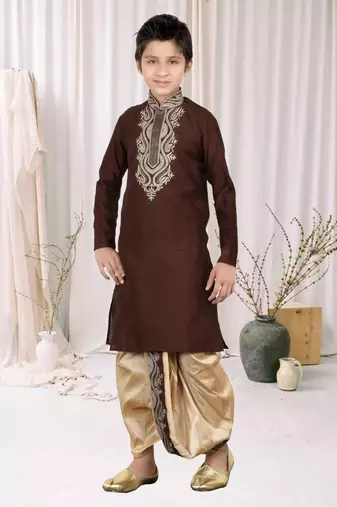 Wine Art Silk Embroidery Kids Boys Dhoti Kurta