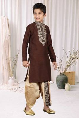 Wine Art Silk Embroidery Kids Boys Dhoti Kurta 3