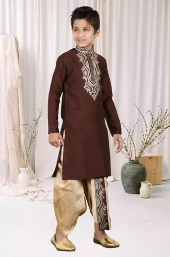 Wine Art Silk Embroidery Kids Boys Dhoti Kurta