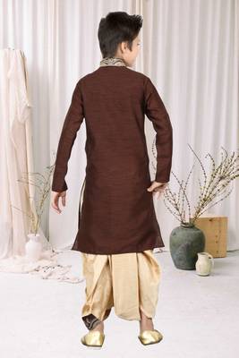 Wine Art Silk Embroidery Kids Boys Dhoti Kurta 4