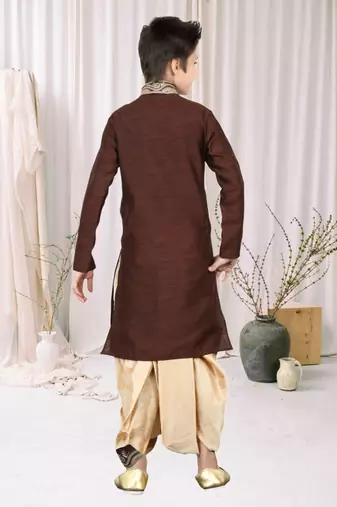 Wine Art Silk Embroidery Kids Boys Dhoti Kurta