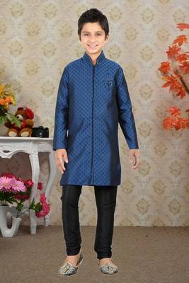 Navy Blue Brocket Hand Work Kids Boys Indo Western Dress 1