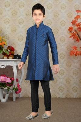 Navy Blue Brocket Hand Work Kids Boys Indo Western Dress 2