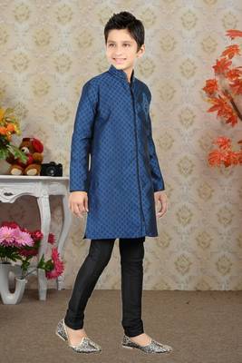 Navy Blue Brocket Hand Work Kids Boys Indo Western Dress 3