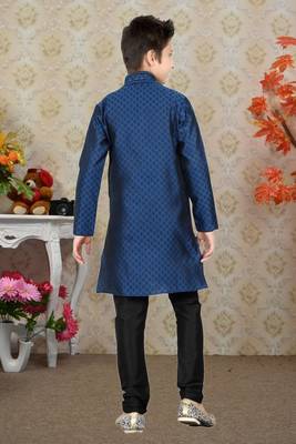 Navy Blue Brocket Hand Work Kids Boys Indo Western Dress 4