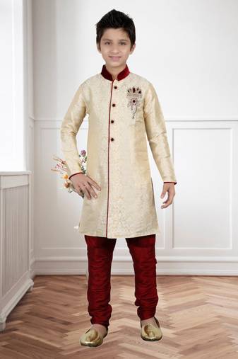 Cream Brocket Hand Work Kids Boys Indo Western Dress