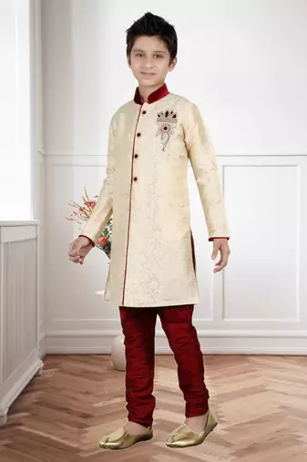 Cream Brocket Hand Work Kids Boys Indo Western Dress