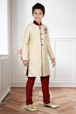 Cream Brocket Hand Work Kids Boys Indo Western Dress 3
