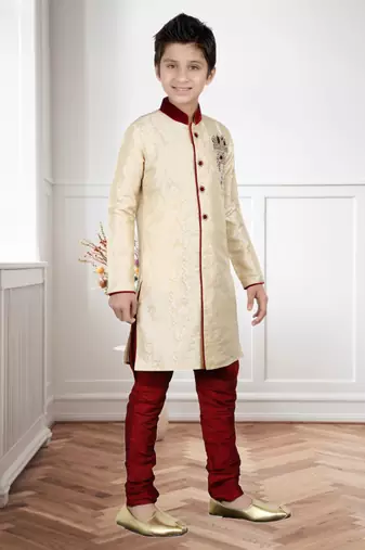 Cream Brocket Hand Work Kids Boys Indo Western Dress