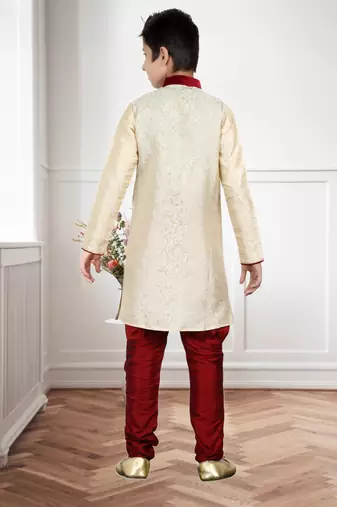 Cream Brocket Hand Work Kids Boys Indo Western Dress