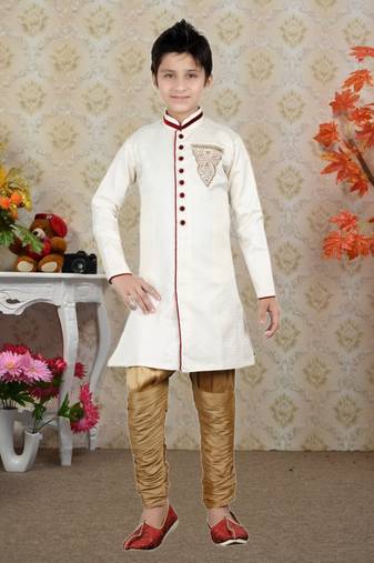 Off White Brocket Hand Work Kids Boys Indo Western Dress