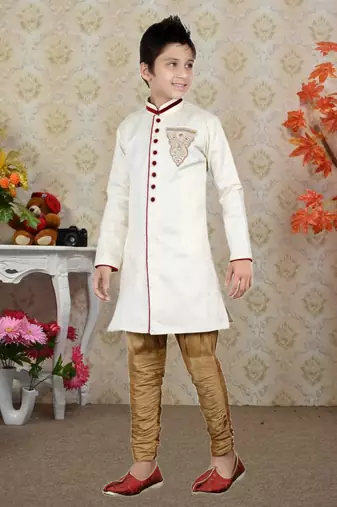 Off White Brocket Hand Work Kids Boys Indo Western Dress