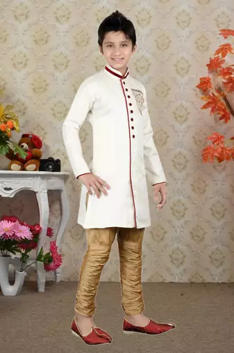 Off White Brocket Hand Work Kids Boys Indo Western Dress