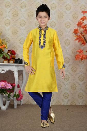 Yellow Bangalore Silk Embroidery Kids Boys Kurta Pyjama
