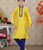 Yellow Bangalore Silk Embroidery Kids Boys Kurta Pyjama