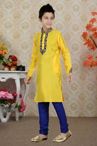 Yellow Bangalore Silk Embroidery Kids Boys Kurta Pyjama