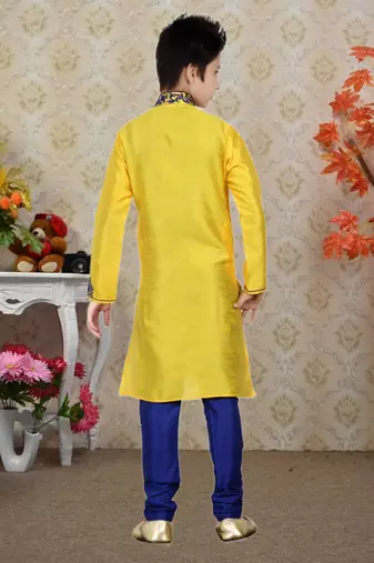 Yellow Bangalore Silk Embroidery Kids Boys Kurta Pyjama