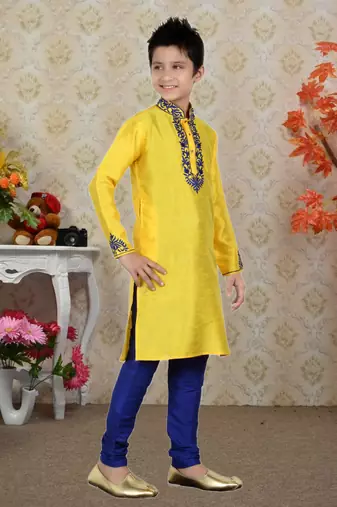 Yellow Bangalore Silk Embroidery Kids Boys Kurta Pyjama