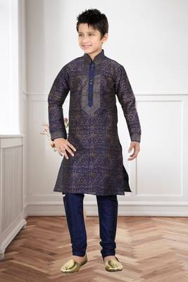 Navy Blue Art Silk Printed Kids Boys Kurta Pyjama 1