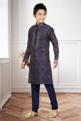 Navy Blue Art Silk Printed Kids Boys Kurta Pyjama 2