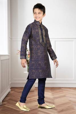 Navy Blue Art Silk Printed Kids Boys Kurta Pyjama 3