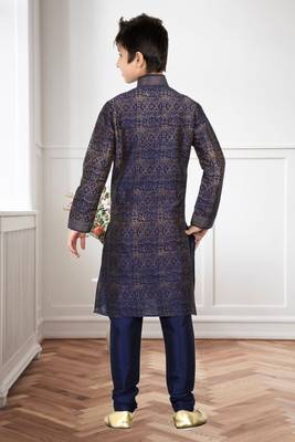 Navy Blue Art Silk Printed Kids Boys Kurta Pyjama 4