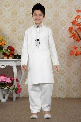 White Linen Cotton Embroidery Kids Boys Pathani