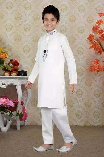 White Linen Cotton Embroidery Kids Boys Pathani