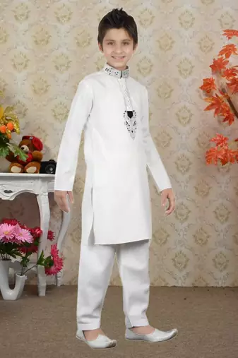 White Linen Cotton Embroidery Kids Boys Pathani