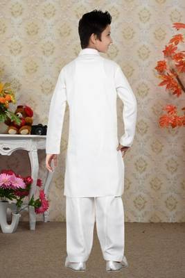 White Linen Cotton Embroidery Kids Boys Pathani 4