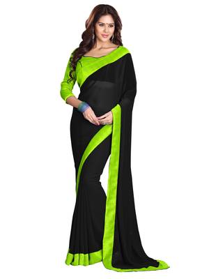 Black plain faux georgette saree with blouse 1