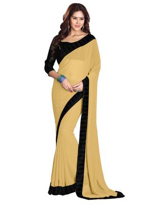 Beige plain faux georgette saree with blouse 1