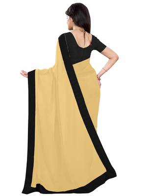 Beige plain faux georgette saree with blouse 2