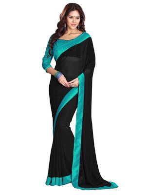 Black plain faux georgette saree with blouse 1