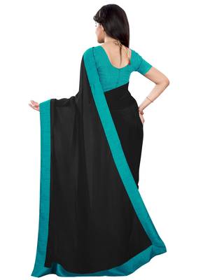 Black plain faux georgette saree with blouse 2