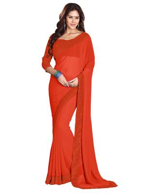 Orange plain faux georgette saree with blouse 1