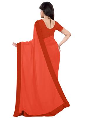Orange plain faux georgette saree with blouse 2