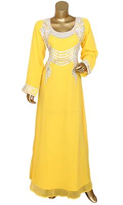 Yellow Embroidered Crystal & Beads Embellished Traditional Chiffon kaftan 1
