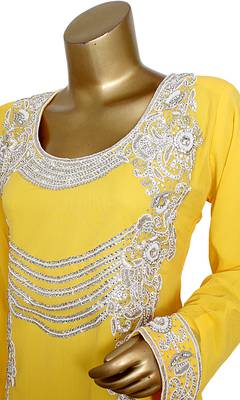 Yellow Embroidered Crystal & Beads Embellished Traditional Chiffon kaftan 3