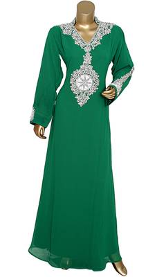 Green Embroidered Crystals & Beads Embellished Traditional Chiffon kaftan 1