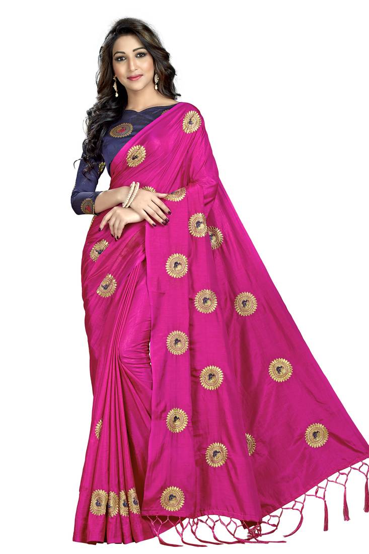 Pink embroidered art silk saree with blouse