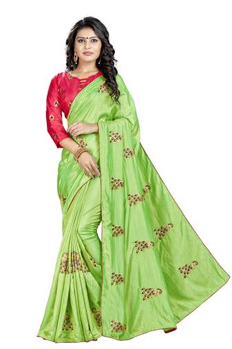 Parrot Green Embroidered Art Silk Saree With Blouse