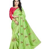 Parrot Green Embroidered Art Silk Saree With Blouse