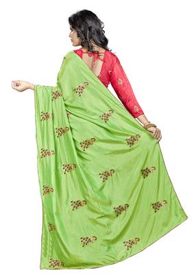 Parrot Green Embroidered Art Silk Saree With Blouse 2