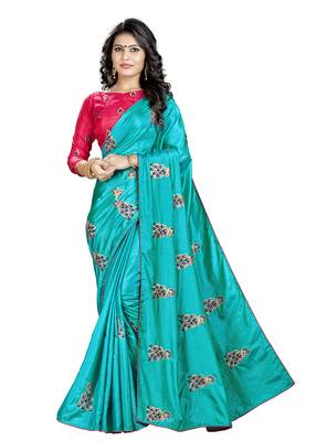 Teal embroidered art silk saree with blouse 1