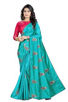 Teal embroidered art silk saree with blouse