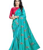 Teal embroidered art silk saree with blouse