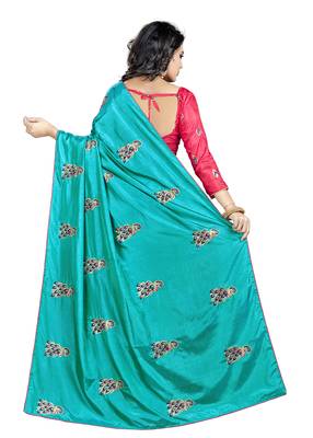 Teal embroidered art silk saree with blouse 2